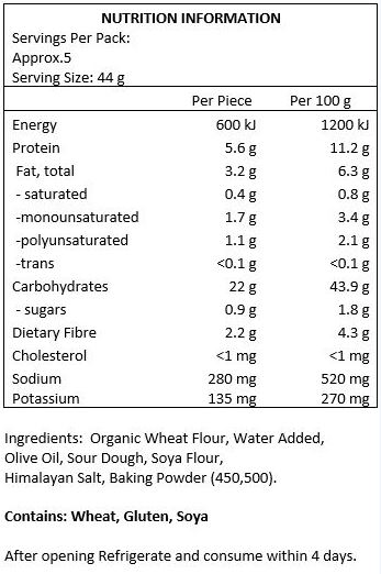Organic Wheat Flour, Water Added, Olive Oil, Sourdough, Soya Flour, Himalayan Salt, Baking Powder (450,500).
Contains Wheat, Gluten, Soya
