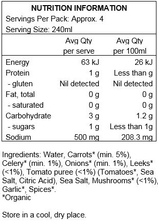 Water, Carrots* (min. 5%), Celery* (min. 1%), Onions* (min. 1%), Leeks* (<1%), Tomato puree (<1%) (Tomatoes*, Sea Salt, Citric Acid), Sea Salt, Mushrooms* (<1%), Garlic*, Spices*.
*Organic