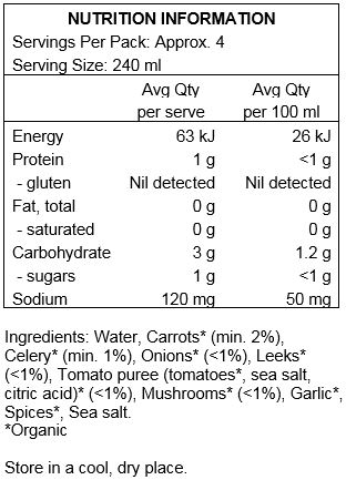 Water, Carrots* (min. 2%), Celery* (min. 1%), Onions* (<1%), Leeks* (<1%), Tomato puree (tomatoes*, sea salt, citric acid)* (<1%), Mushrooms* (<1%), Garlic*, Spices*, Sea salt.
*Organic