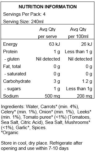 Water, Carrots* (min. 4%), Celery* (min. 1%), Onion* (min. 1%), Leeks* (min. 1%), Tomato puree* (<1%) (Tomatoes, Sea Salt, Citric Acid), Sea Salt, Mushrooms* (<1%), Garlic*, Spices.
*Organic