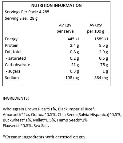 Wholegrain brown rice* (93%), amaranth* (2%), buckwheat* (1%), hemp* (1%), chia seeds* (<1%), quinoa* (<1%), millet* (<1%), flaxseed* (<1%), sea
salt.
*Certified Organic