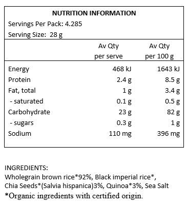 Wholegrain brown rice* (94%), chia seeds* (4%), quinoa* (1%), sea salt.
*Certified Organic