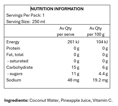 Coconut Water, Pineapple Juice, Vitamin C.