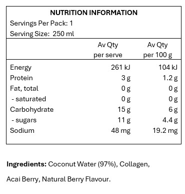 97% Coconut Water, Marine Collagen, Acai Berry.