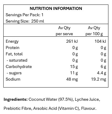 98% Coconut Water, Lychee Juice, Inulin, FOS.