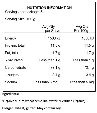 Organic Durum Wheat Semolina, Water