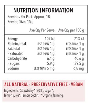 Strawberry* (70%), sugar*, lemon juice*, lemon pectin. *Organic farming