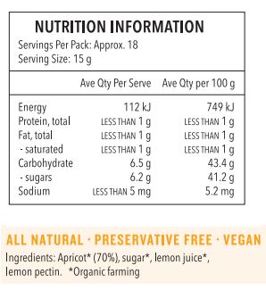 Apricot* (70%), sugar*, lemon juice*, lemon pectin. *Organic farming