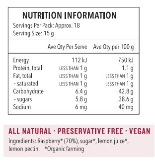 Raspberry* (70%), sugar*, lemon juice*, lemon pectin. *Organic farming