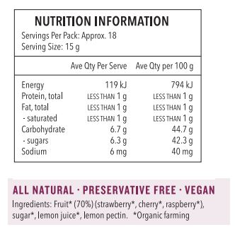Fruit* (70%)(strawberry*, cherry*, raspberry*), sugar*, lemon juice*, lemon pectin. *Organic farming