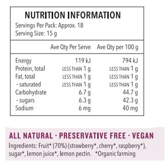 Fruit* (70%)(strawberry*, cherry*, raspberry*), sugar*, lemon juice*, lemon pectin. *Organic farming