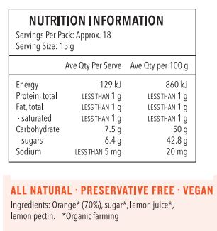 Orange* (70%), sugar*, lemon juice*, lemon pectin. *Organic farming