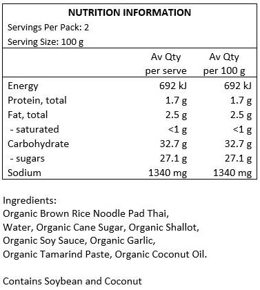 Organic Brown Rice Noodle: Organic Brown Rice, Water.

Organic Pad Thai Sauce: Organic Cane Sugar, Water, Organic Shallot, Organic Soy Sauce, Organic Garlic, Organic Tamarind Paste, Organic Coconut Oil. 