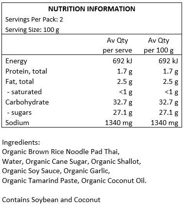 Organic Brown Rice Noodle: Organic Brown Rice, Water.
Organic Pad Thai Sauce: Organic Cane Sugar, Water, Organic Shallot, Organic Soy Sauce, Organic Garlic, Organic Tamarind Paste, Organic Coconut Oil.