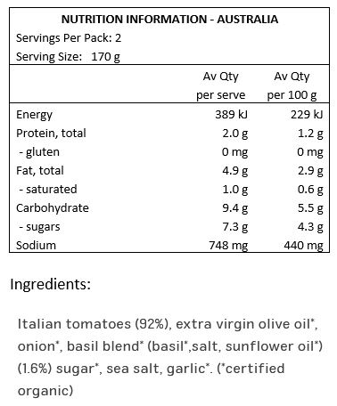 Tomatoes* (92%), Extra Virgin Olive Oil*, Onion*, Basil Blend (Basil*, Salt, Sunflower Oil*, 1.6%), Sugar*, Sea Salt, Garlic*. *Certified Organic