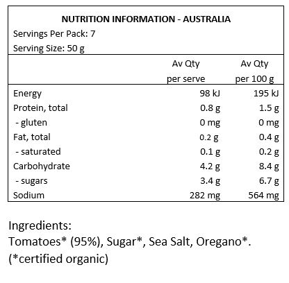 Tomatoes* (95%), Sugar*, Sea Salt, Oregano*. *Certified Organic