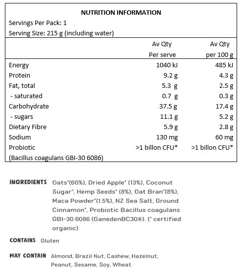 Oats*(60%), Dried Apple* (13%), Coconut Sugar*, Hemp Seeds* (8%), Oat Bran*(8%), Maca Powder*(1.5%), NZ Sea Salt, Ground Cinnamon*, Probiotic (Bacillus coagulans GBI-30 6086). *Certified Organic