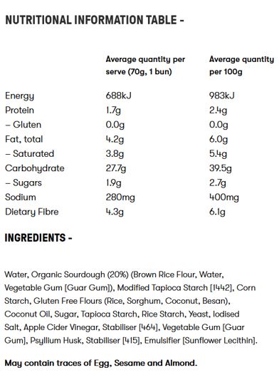 Water, Organic Sourdough (19%) (Brown Rice Flour, Water, Vegetable Gum [Guar Gum]), Gluten Free Flours and Starches (Modified Tapioca Starch [1442], Corn Starch, Sorghum, Natural Corn Flour, Coconut Flour), Coconut Oil, Sugar, Pulse Protein (Pea Protein, Faba Bean Protein), Bamboo Fibre, Yeast, Apple Cider Vinegar, Iodised Salt, Vegetable Gum [Guar Gum], Psyllium Husk, Stabiliser [464], Preservative [282].

May contain traces of Egg, Sesame and Almond.
