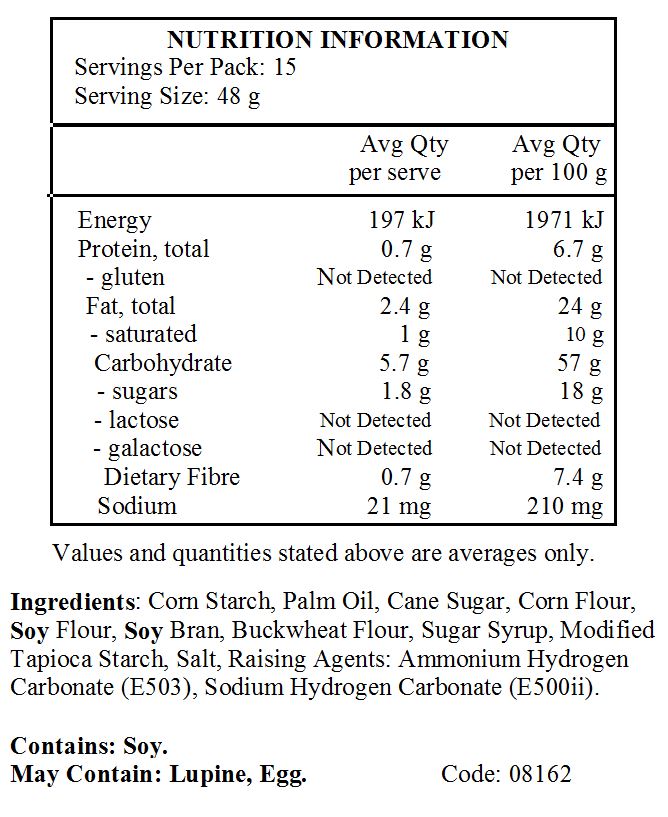 Maize starch, palm fat, cane sugar (16%), maize flour, soy flour, soy bran (7%), buckwheat flour (4%), sugar beet syrup, modified tapioca starch, salt, raising agents: ammonium hydrogen carbonate, sodium hydrogen carbonate. May contain traces of lupine.