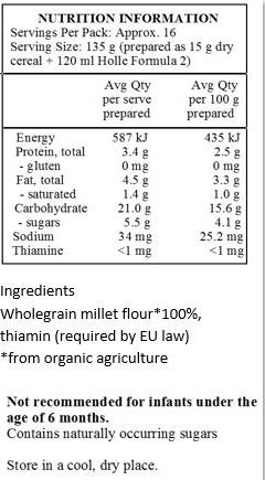 Wholegrain millet flour*75%, wholegrain rice flour*25% vitamin B1 (required by law)
*from organic farming
** from biodynamic farming