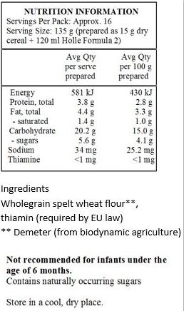 Wholegrain spelt*, vitamin B1 (required by law)
*from organic farming
** from biodynamic farming