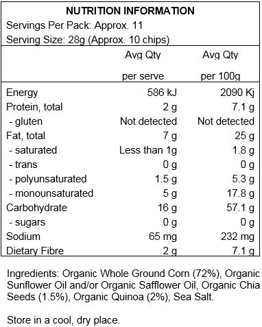 Organic Whole Ground Corn, Organic Expeller Pressed Sunflower Oil and/or Organic Expeller Pressed Safflower Oil, Organic Chia Seeds, Organic Quinoa, Sea Salt.