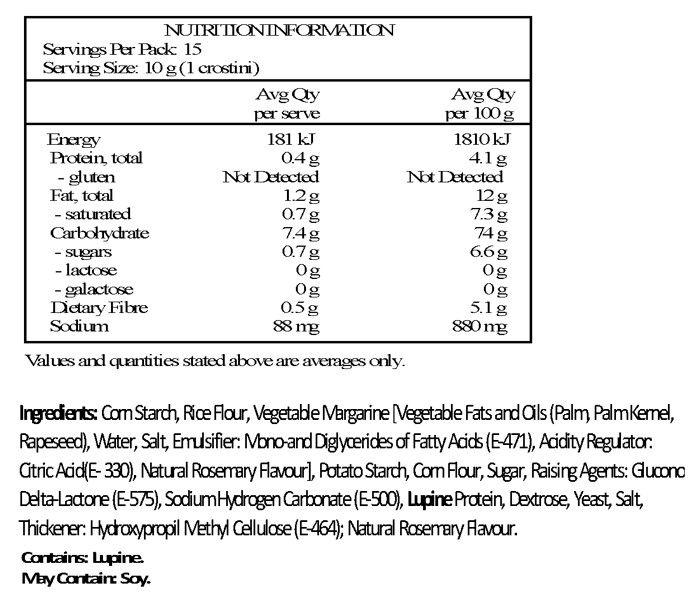 Maize starch, rice flour, non hydrogenated vegetable margarine (oils and fat of palm, coco and rape, salt, emulsifier: E-471 and E-475, acidity regulator: E-330, flavour), potato starch, maize flour, sugar, raising agent: E-575 and sodium hydrogen carbonate, lupine protein, dextrose, yeast, salt, thickener: E-464, natural flavouring.