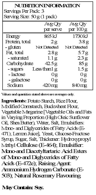 Potato starch, rice flour, modified maize starch, yeast, buckwheat flour (3.4%), non-hydrogenated vegetable fat, glucose-fructose syrup, sugar, salt, thickener: E-464, emulsifier: E-472e, raising agents: ammonium bicarbonate, natural flavouring.