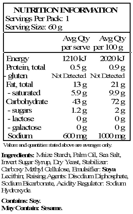 Maize starch, potato starch, non hydrogenated vegetable fat, invert sugar, salt, stabilizer: E-466, raising agents: sodium hydrogen carbonate and pyrophosphate, soya lecithin, yeast extract. May contain traces of sesame seeds.