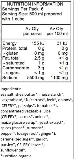 sea salt, shea butter*, maize starch*, vegetables6,3% (carrots*, leek*, onions*, CELERY*, parsnips*, tomato*), concentrated vegetable juice (CELERY*, carrots*, onions*, maize glucose syrup*, yeast extract*, spices (mace*, curcuma*, pepper*, lovage root*, ginger*), candied sugar*, garlic*, parsley*, CELERY leaves*, sunflower oil*
allergenic ingredients: celery
*Certified organic