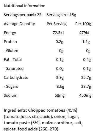 Chopped Tomatoes (45%) (Tomato Juice, Citric Acid), Onion, Sugar, Tomato Paste (5%), Maize Cornflour, Salt, Spices, Food Acids (260, 270).