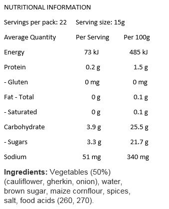 Vegetables (50%) (Cauliflower, Gherkin, Onion), Water, Brown Sugar, Maize Cornflour, Spices, Salt, Food Acids (260, 270).