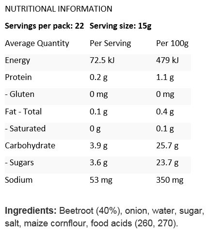 Beetroot (40%), Onion, Water, Sugar, Salt, Maize Cornflour, Food Acids (260, 270).
