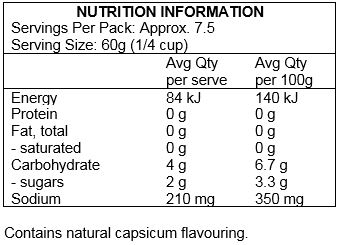 Diced tomatoes* in tomato juice*, tomato puree* (water, tomato paste*, citric acid), onions*, jalapeno peppers* in brine (jalapeno peppers*, vinegar*, sea salt), red bell peppers*, dried onions*, dried garlic*, sea salt, apple cider vinegar*, cilantro*, citric acid, xanthan gum, cumin*, natural capsicum flavour.
*Organic