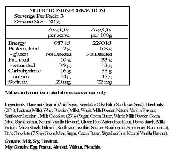 hazelnut cream 57% [sugar, vegetable oils (palm, sunflower seed), hazelnuts 20%, lactose (milk),
whey powder (milk), whole milk powder, natural vanilla flavour, emulsifier: sunflower lecithin],
milk chocolate 23% (sugar, cocoa butter, whole milk powder, cocoa mass, emulsifier: soya lecithin;
natural vanilla flavour), gluten free wafer (rice flour, potato starch, milk protein, maize starch, palm
oil, emulsifier: sunflower lecithin; raising agents: sodium bicarbonate, ammonium bicarbonate), dark
chocolate 7.5% (cocoa mass, sugar, cocoa butter, emulsifier: soya lecithin; natural vanilla flavour). 
May also contain traces of eggs, peanuts and other nuts (almonds, walnuts, pistachio nuts). 
