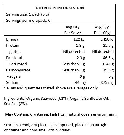 Organic Seaweed (61%) Organic Sunflower Oil, Sea Salt (3%).
<br>
May Contain: Fish, Crustacea from Natural Ocean Environment