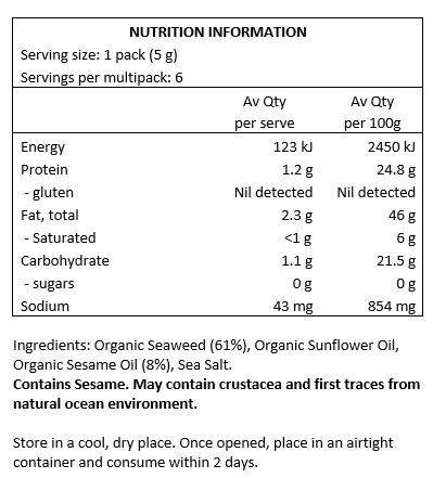 Organic Seaweed (61%), Organic Sunflower Oil, Organic Sesame Oil (8%), Sea Salt. May contain crustacea and fish traces from natural ocean environment.