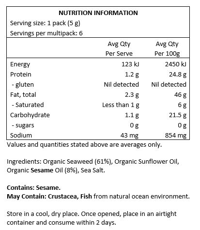 Organic Seaweed (61%) Organic Sunflower Oil,  Organic Sesame Oil (8%), Sea Salt.
<br>
Contains: Sesame
May Contain: Fish, Crustacea from Natural Ocean Environment