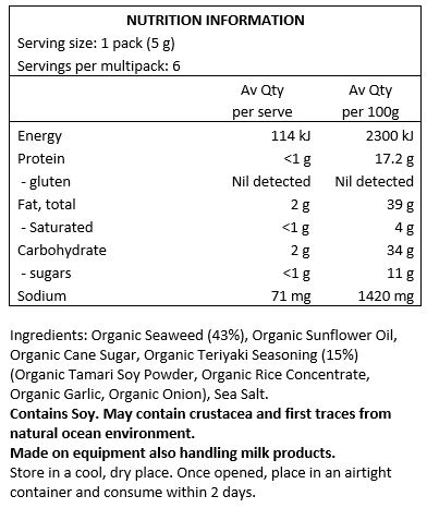 Organic Seaweed (43%) Organic Sunflower Oil, Organic Cane Sugar, Organic Teriyaki Seasoning (15%) (Organic Tamari Soy Powder, Organic Rice Concentrate, Organic Garlic, Organic Onion), Sea Salt. 
<br>
Contains Soy.
May Contain: Fish, Crustacea from natural ocean environment. 