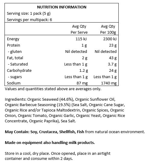 Organic Seaweed (44.6%), Organic Sunflower Oil,
Organic Barbeque Seasoning (19.5%) (Sea Salt, Organic Cane Sugar, Organic Rice and/or
Tapioca Maltodextrin, Organic Spices, Organic Onion, Organic Tomato, Organic Garlic, Organic Yeast, Organic Rice Concentrate, Organic Paprika), Sea Salt.