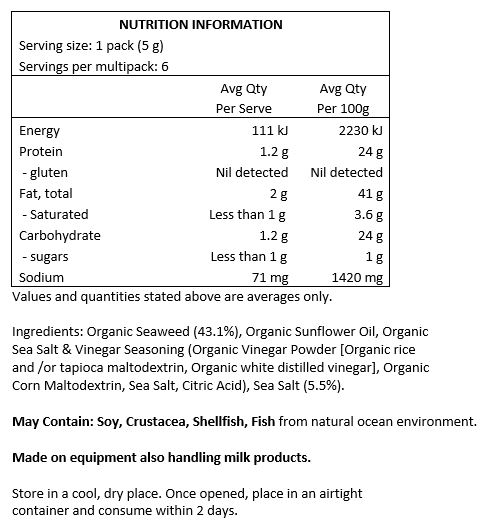 Organic Seaweed (43.1%), Organic Sunflower Oil,
Organic Vinegar & Sea Salt Seasoning (Organic Vinegar Powder [Organic rice and/or tapioca maltodextrin, Organic white distilled vinegar], Organic Corn Maltodextrin, Sea Salt, Citric Acid), Sea Salt (5.5%).