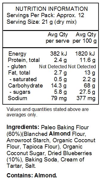 Paleo Baking Flour (Blanched Almond Flour,
Arrowroot Starch, Organic Coconut Flour, Tapioca Flour), Organic Coconut Sugar, Dried Blueberries, Baking Soda, Cream of Tartar, Salt. CONTAINS: Tree Nuts (Almond, Coconut).

