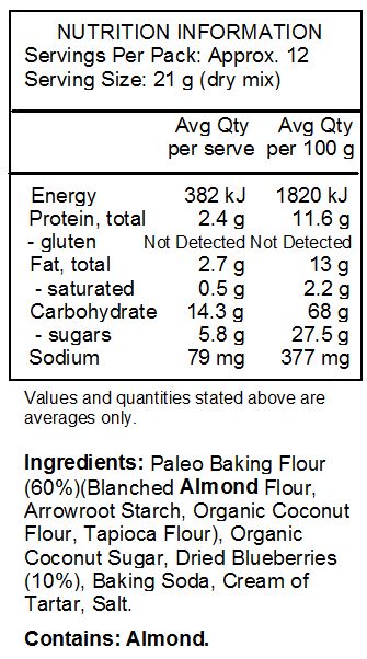Paleo Baking Flour (Blanched Almond Flour,
Arrowroot Starch, Organic Coconut Flour, Tapioca Flour), Organic Coconut Sugar, Dried Blueberries, Baking Soda, Cream of Tartar, Salt. CONTAINS: Tree Nuts (Almond, Coconut).