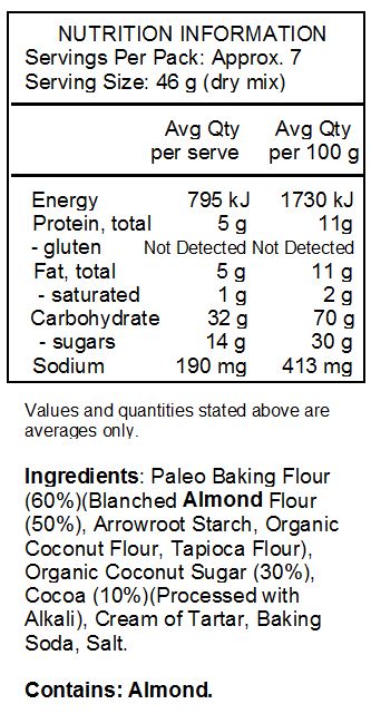 Paleo Baking Flour (Blanched Almond Flour,
Arrowroot Starch, Organic Coconut Flour, Tapioca Flour), Organic Coconut Sugar, Cocoa (Processed with Alkali), Cocoa, Cream of Tartar, Baking Soda, Salt. CONTAINS: Tree Nuts (Almond,
Coconut).