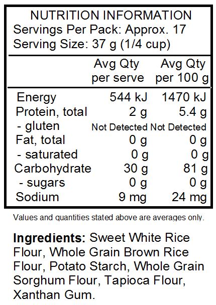 Sweet White Rice Flour, Whole Grain Brown Rice Flour, Potato Starch, Whole Grain Sorghum Flour, Tapioca Flour, Xanthan Gum.