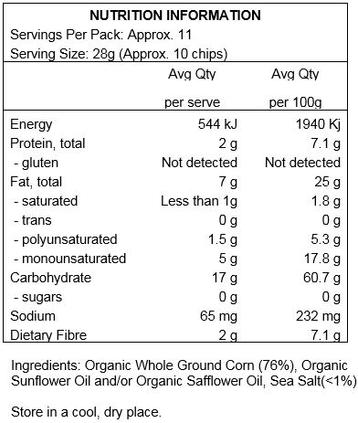 Organic Whole Ground Corn, Organic Expeller Pressed Sunflower Oil and/or Organic Expeller Pressed Safflower Oil, Sea Salt.