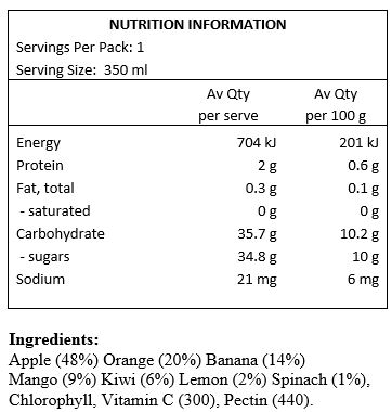 Apple (48%), Orange (20%), Banana (14%), Mango (9%), Kiwi (6%), Lemon (2%), Spinach (1%), Chlorophyll, Vitamin C.