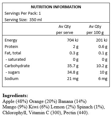 Apple (48%), Orange (20%), Banana (14%), Mango (9%), Kiwi (6%), Lemon (2%), Spinach (1%), Chlorophyll, Vitamin C.
