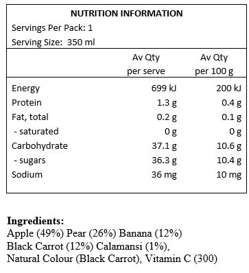 Apple (49%), Pear (26%), Banana (12%), Black Carrot (12%), Calamansi (1%), Natural Colour (Black Carrot), Vitamin C.