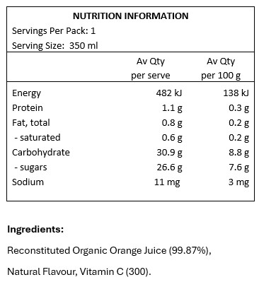 Reconstituted Organic Orange Juice (99.87%), Vitamin C.